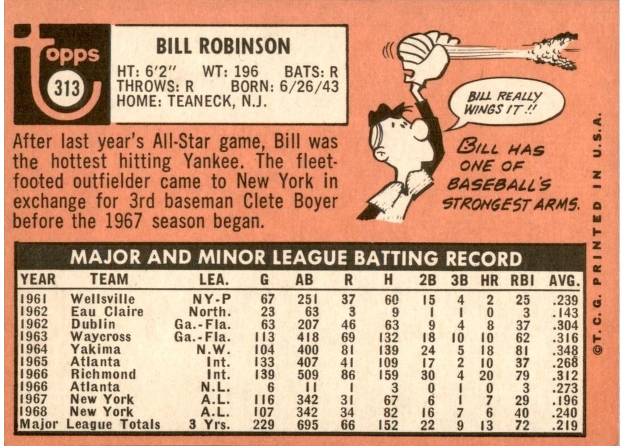 1969 Topps #313 Bill Robinson card back