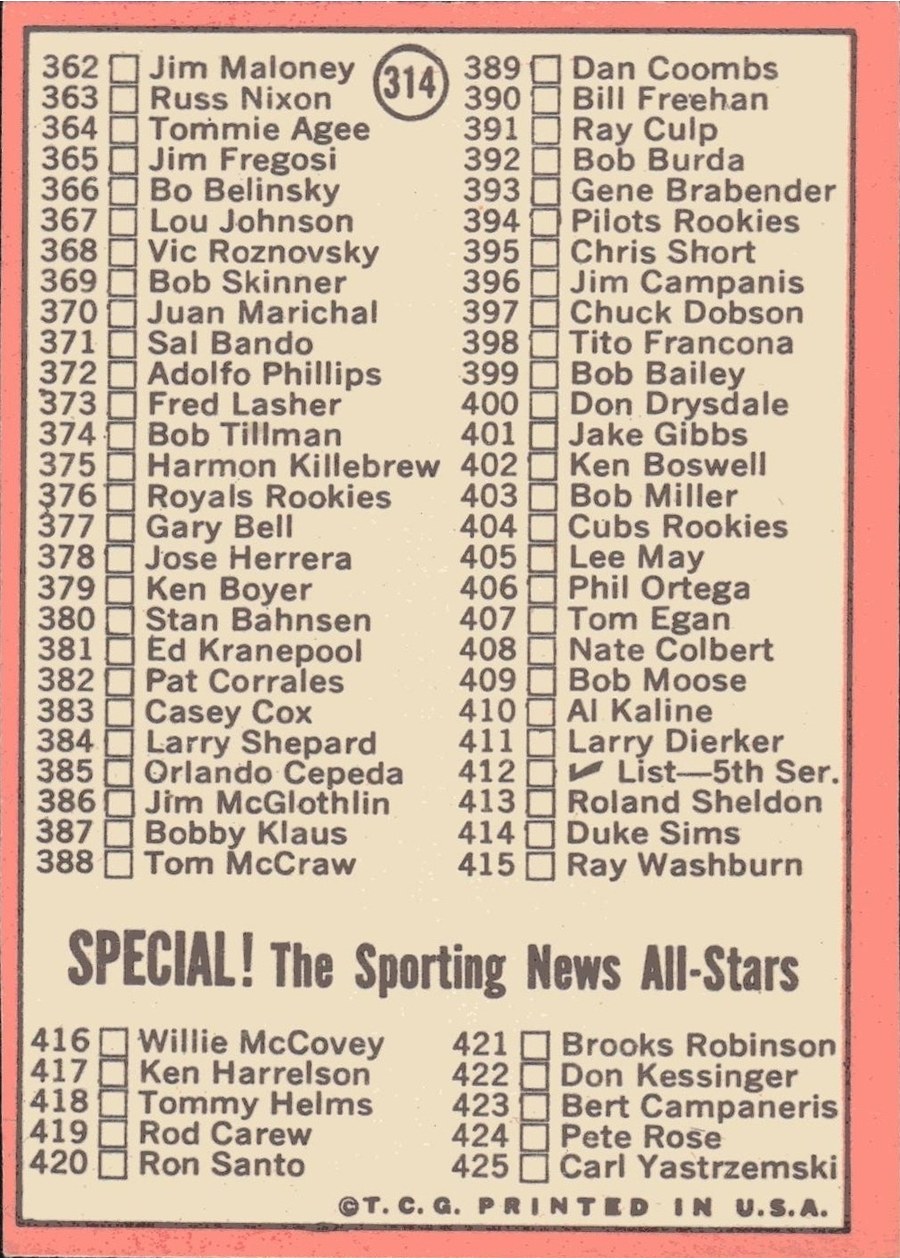 1969 Topps #314 4th Series Check List: 328-425 card back