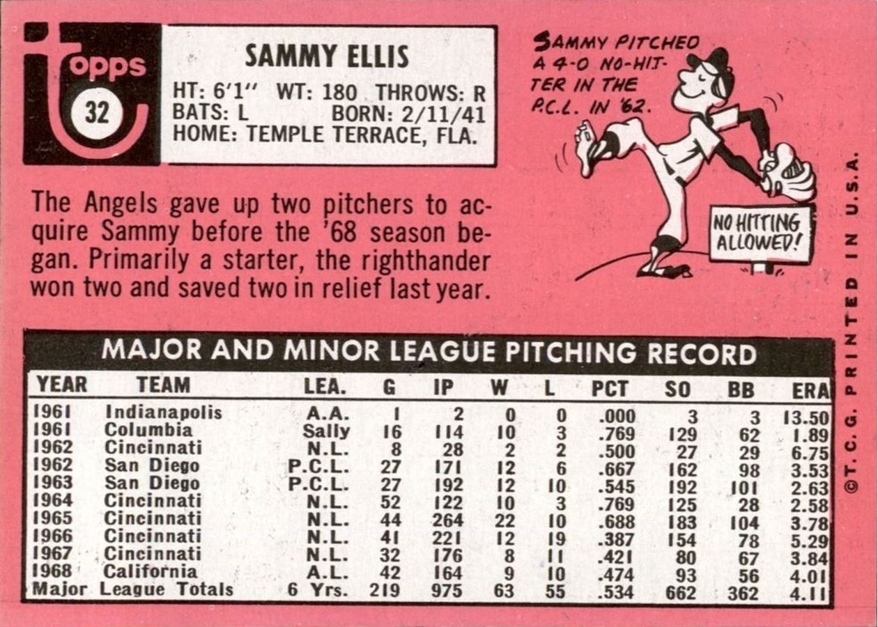 1969 Topps #32 Sammy Ellis card back