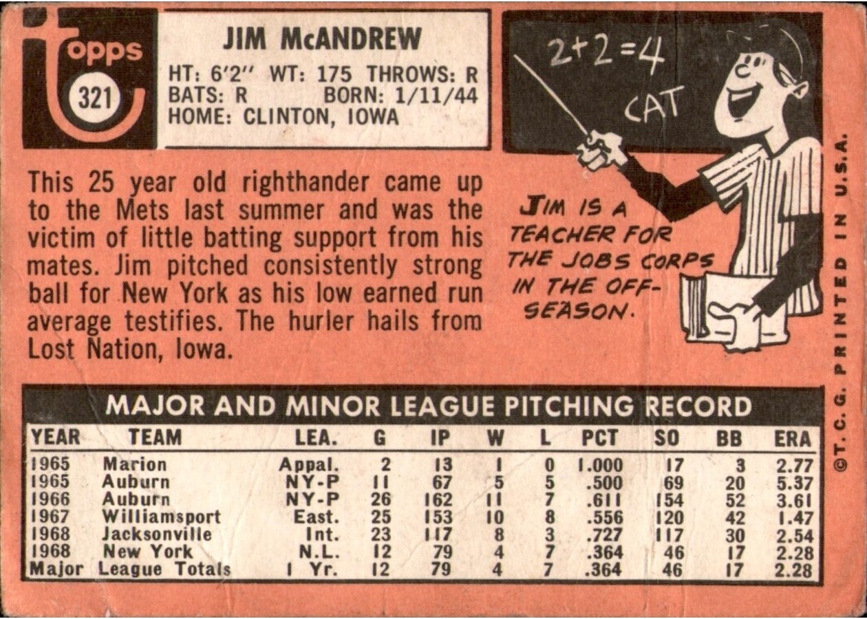 1969 Topps #321 Jim McAndrew card back