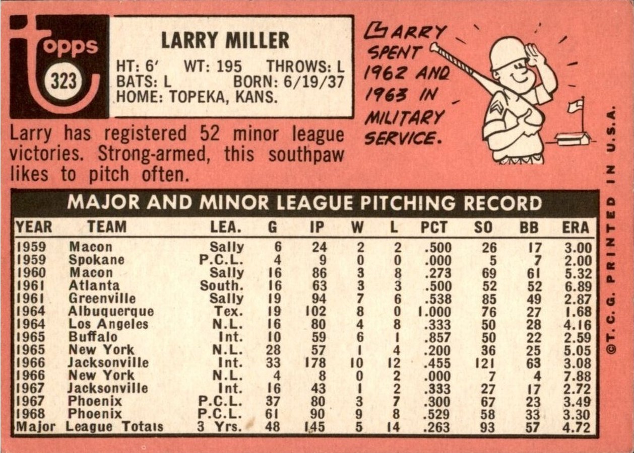1969 Topps #323 Larry Miller card back