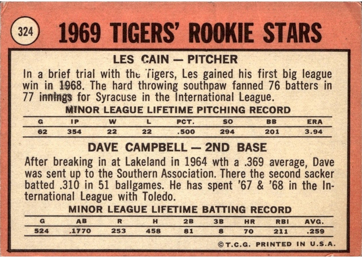 1969 Topps #324 Tigers 1969 Rookie Stars card back