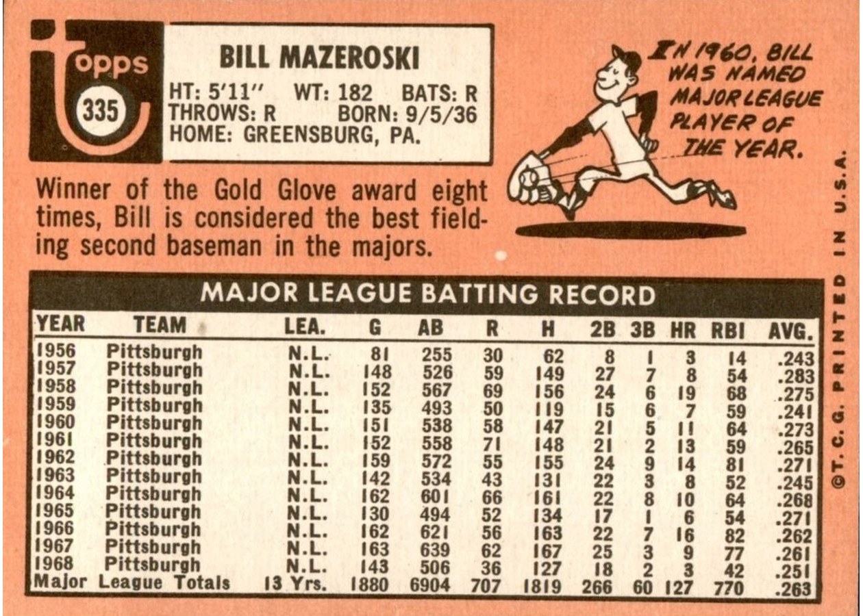 1969 Topps #335 Bill Mazeroski card back