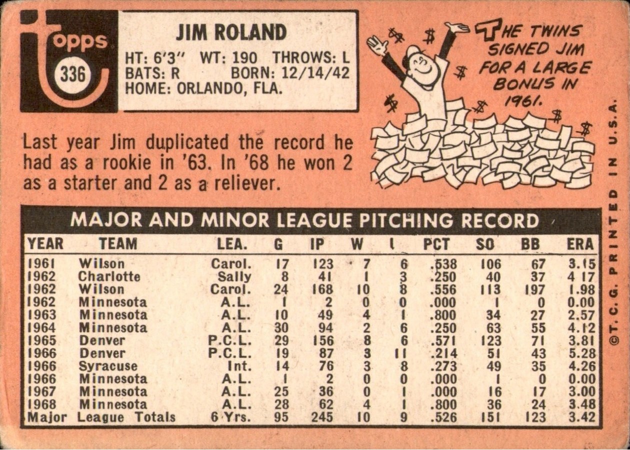 1969 Topps #336 Jim Roland card back