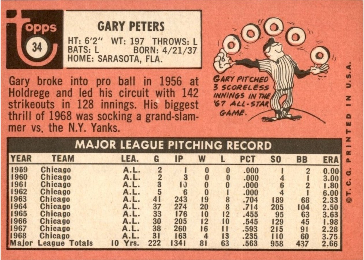 1969 Topps #34 Gary Peters card back