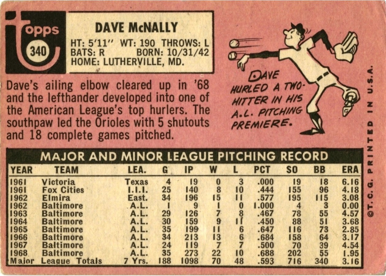 1969 Topps #340 Dave McNally card back