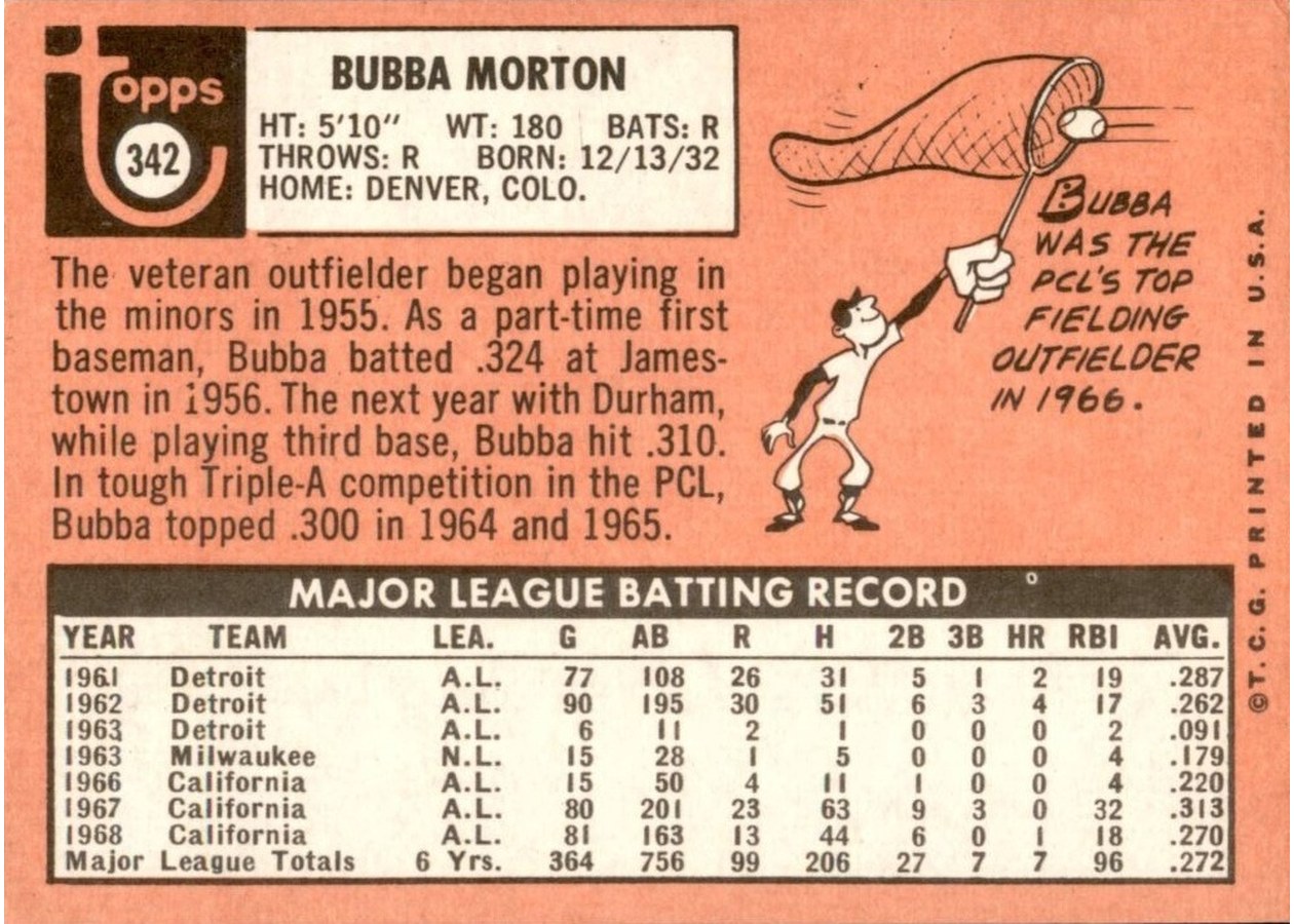 1969 Topps #342 Bubba Morton card back
