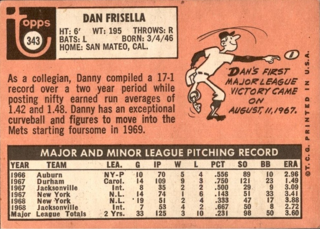1969 Topps #343 Dan Frisella card back