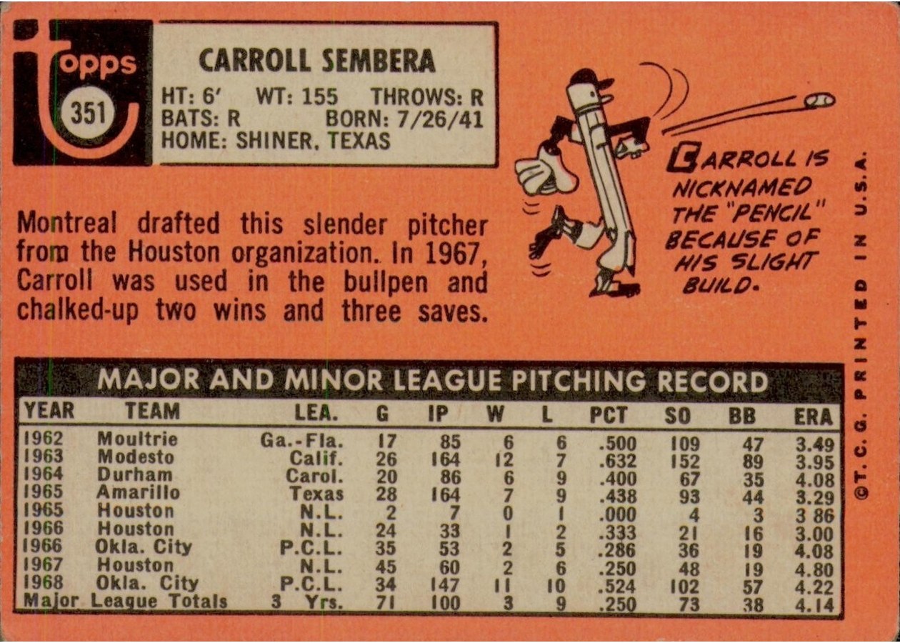 1969 Topps #351 Carroll Sembera card back