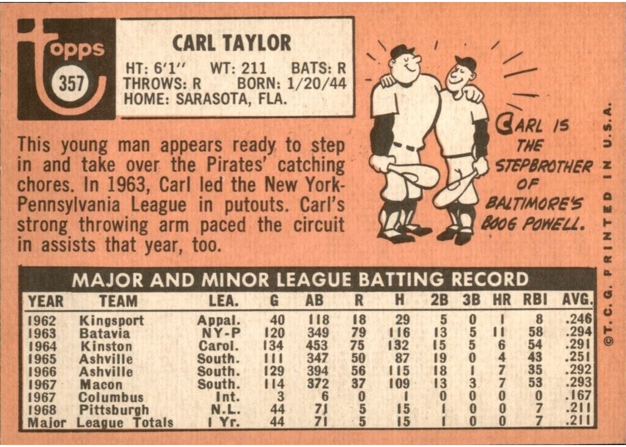 1969 Topps #357 Carl Taylor card back