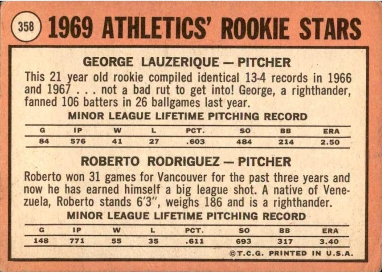 1969 Topps #358 Athletics 1969 Rookie Stars card back