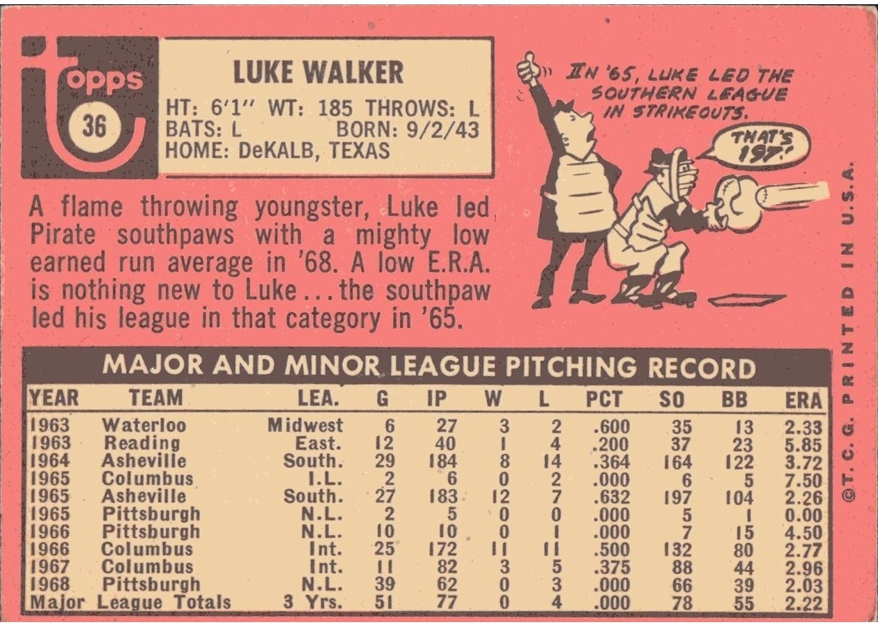 1969 Topps #36 Luke Walker card back
