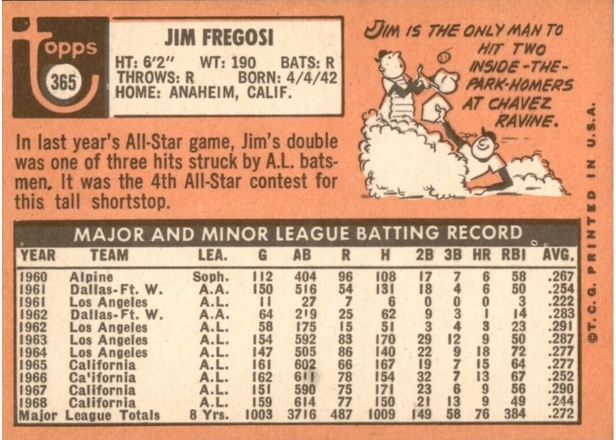 1969 Topps #365 Jim Fregosi card back