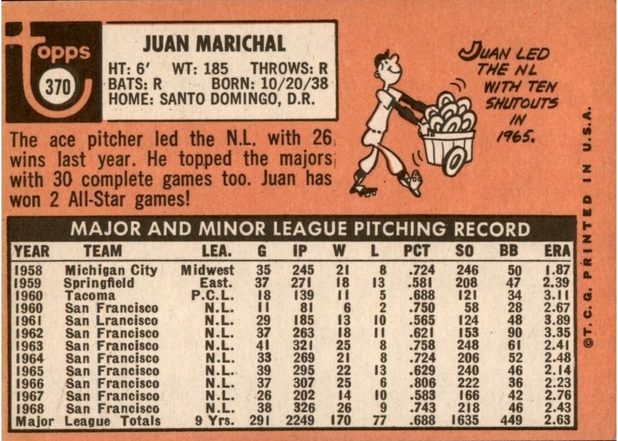 1969 Topps #370 Juan Marichal card back