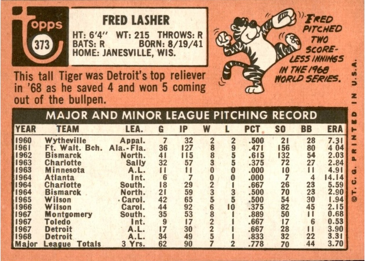 1969 Topps #373 Fred Lasher card back