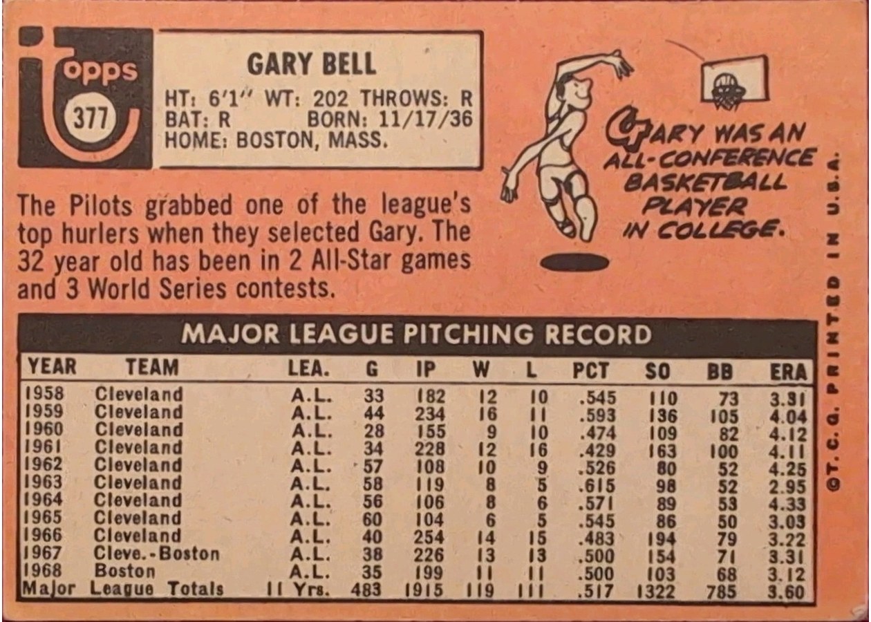 1969 Topps #377 Gary Bell card back