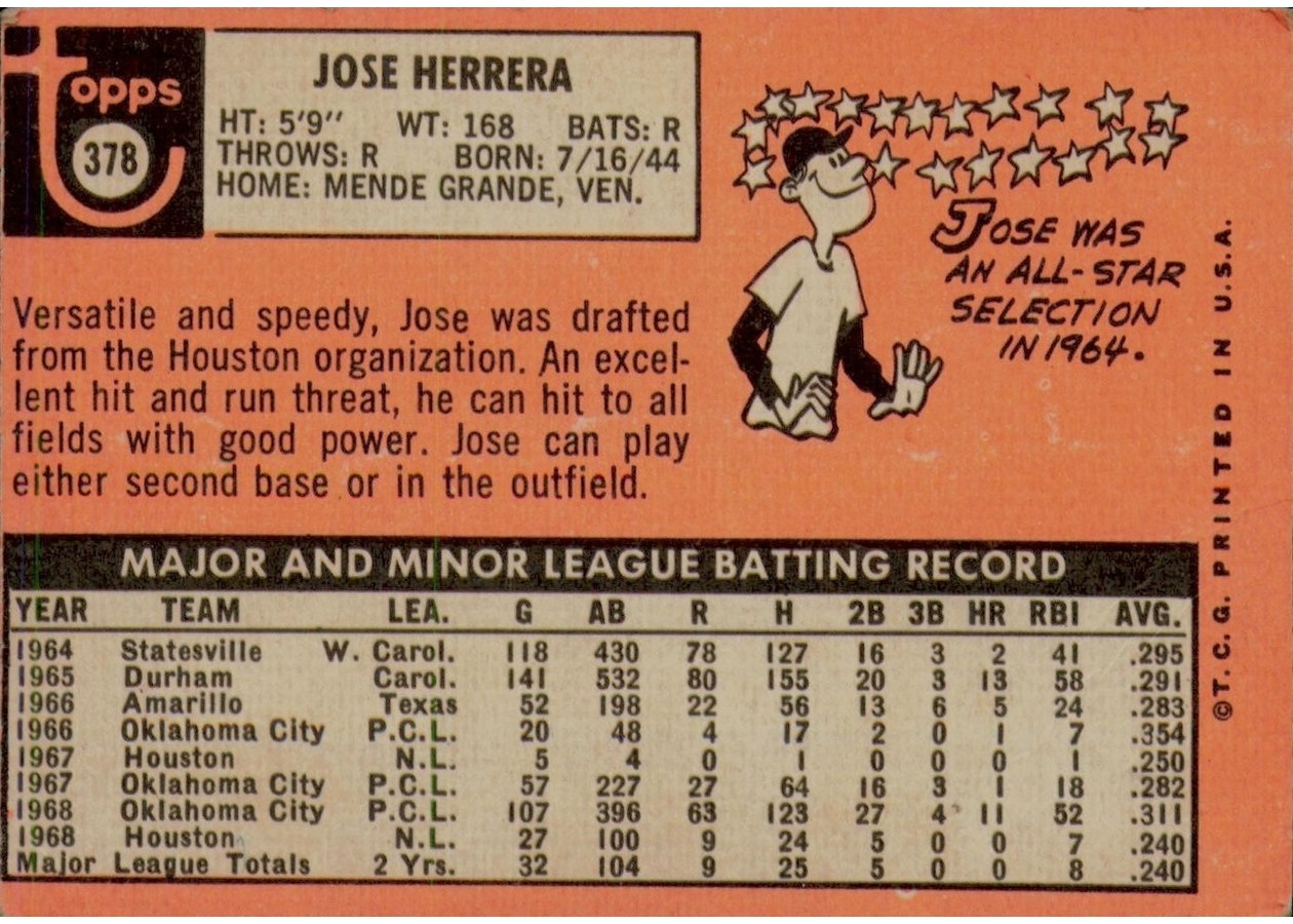 1969 Topps #378 Jose Herrera card back