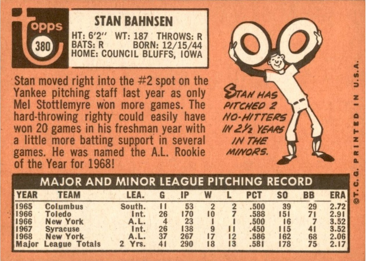 1969 Topps #380 Stan Bahnsen card back