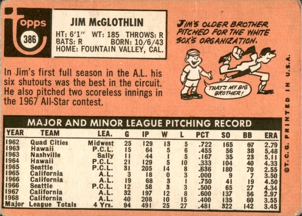 1969 Topps #386 Jim McGlothlin card back