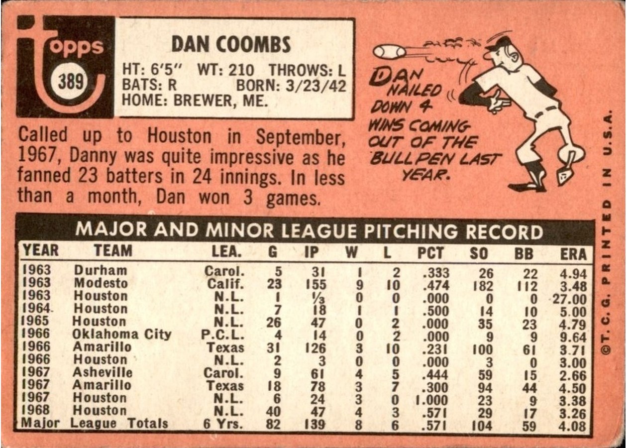 1969 Topps #389 Dan Coombs card back