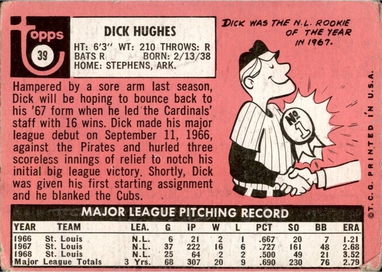 1969 Topps #39 Dick Hughes card back