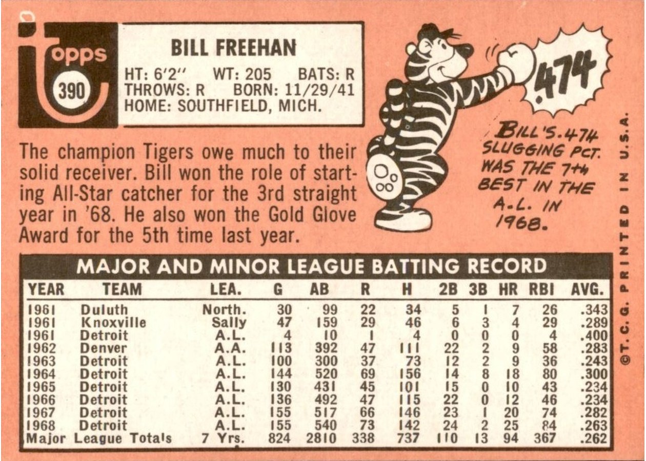 1969 Topps #390 Bill Freehan card back