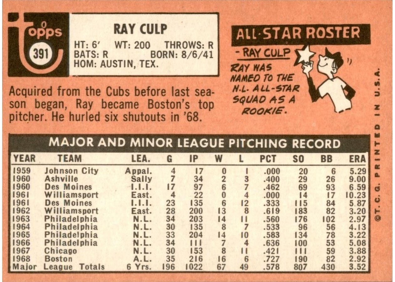 1969 Topps #391 Ray Culp card back