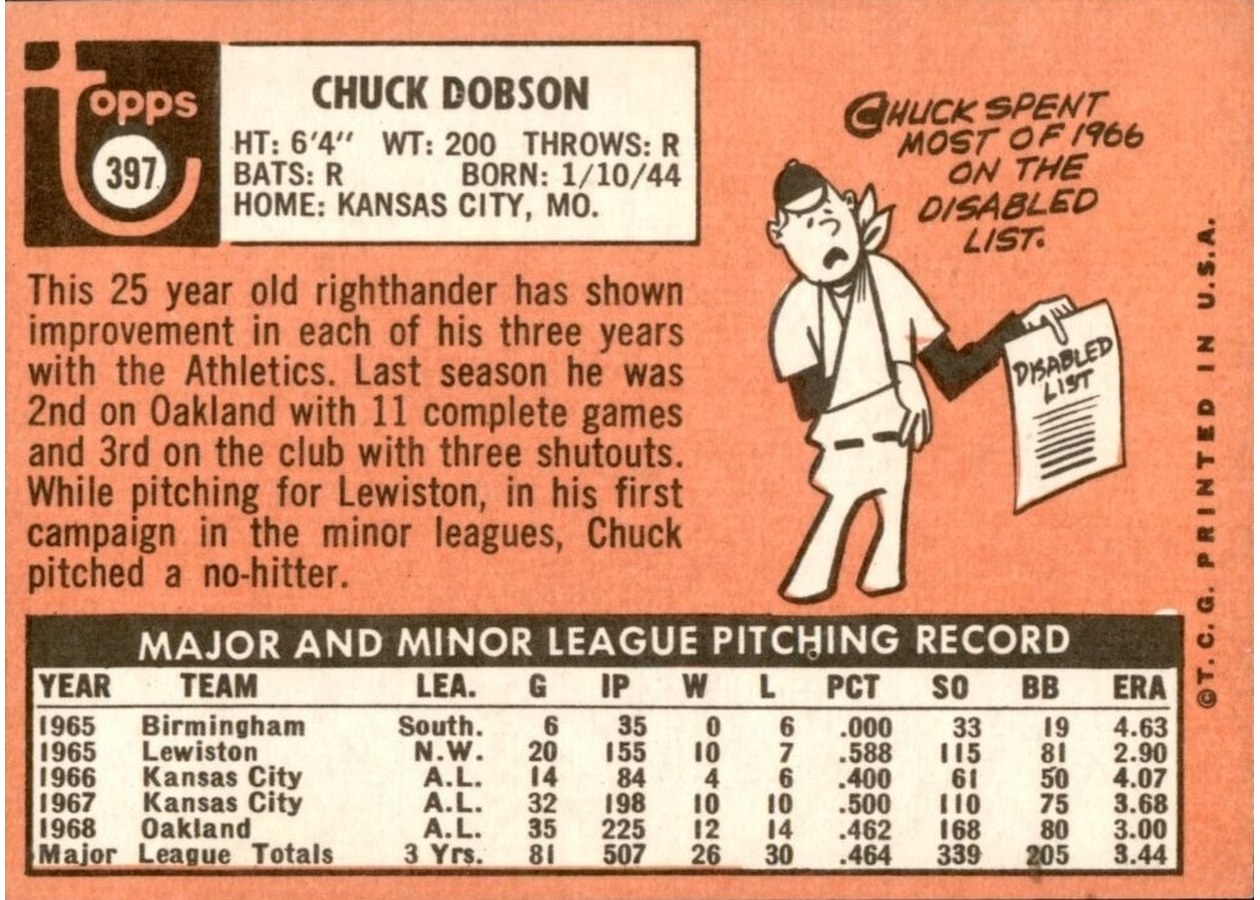 1969 Topps #397 Chuck Dobson card back
