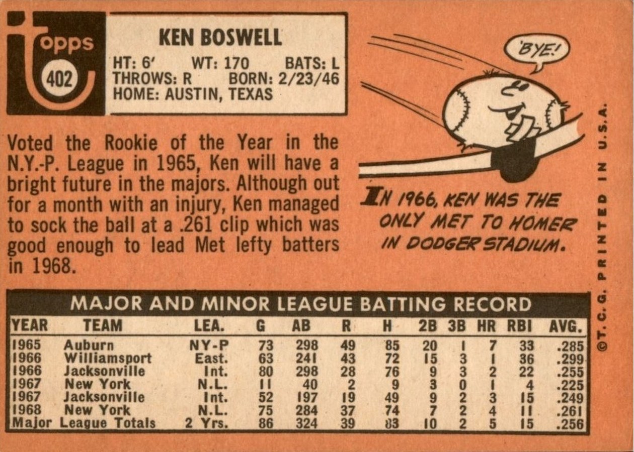 1969 Topps #402 Ken Boswell card back