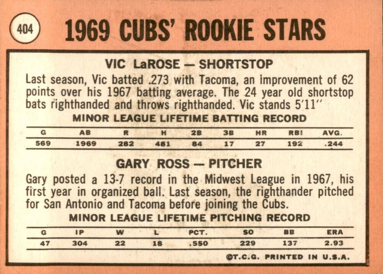 1969 Topps #404 Cubs 1969 Rookie Stars card back