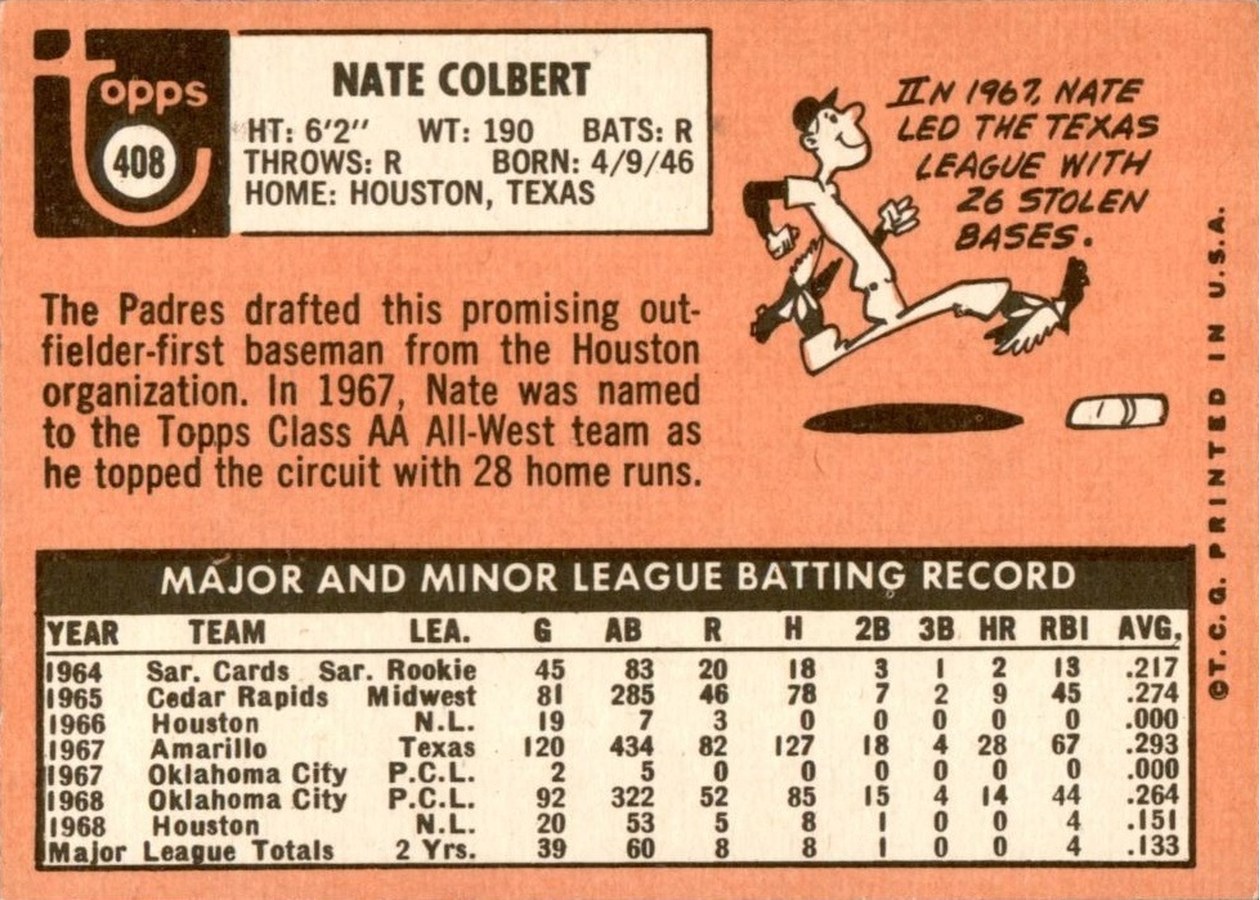 1969 Topps #408 Nate Colbert card back
