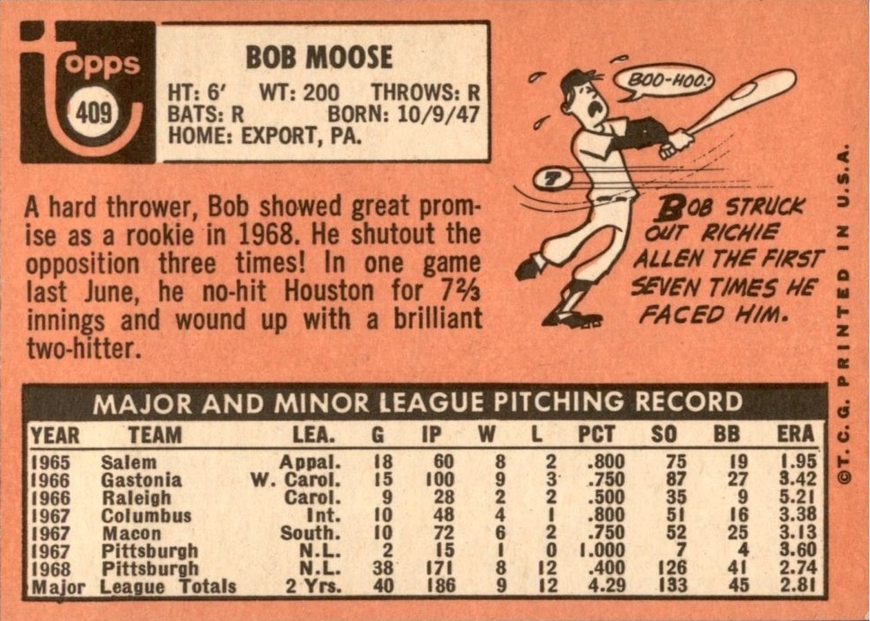 1969 Topps #409 Bob Moose card back