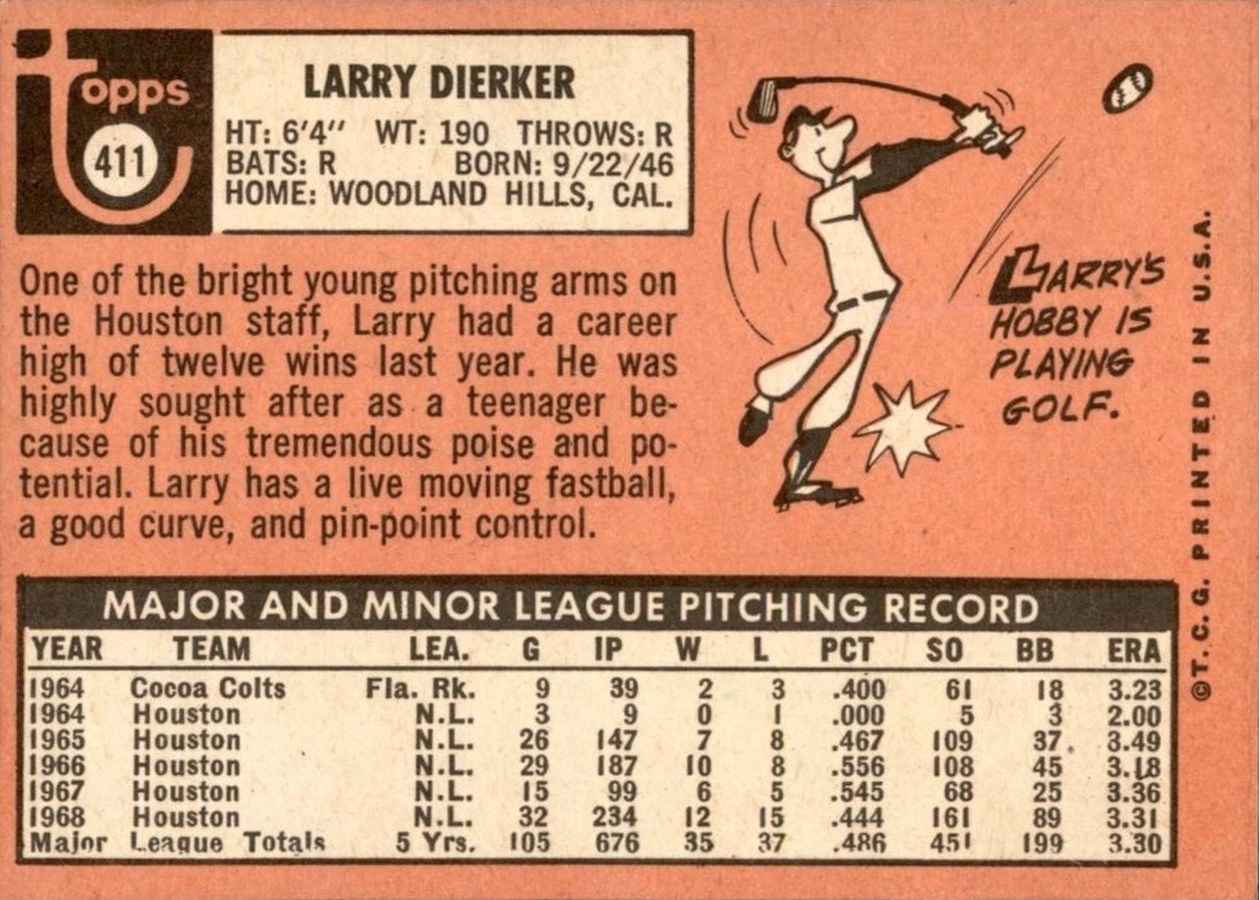 1969 Topps #411 Larry Dierker card back