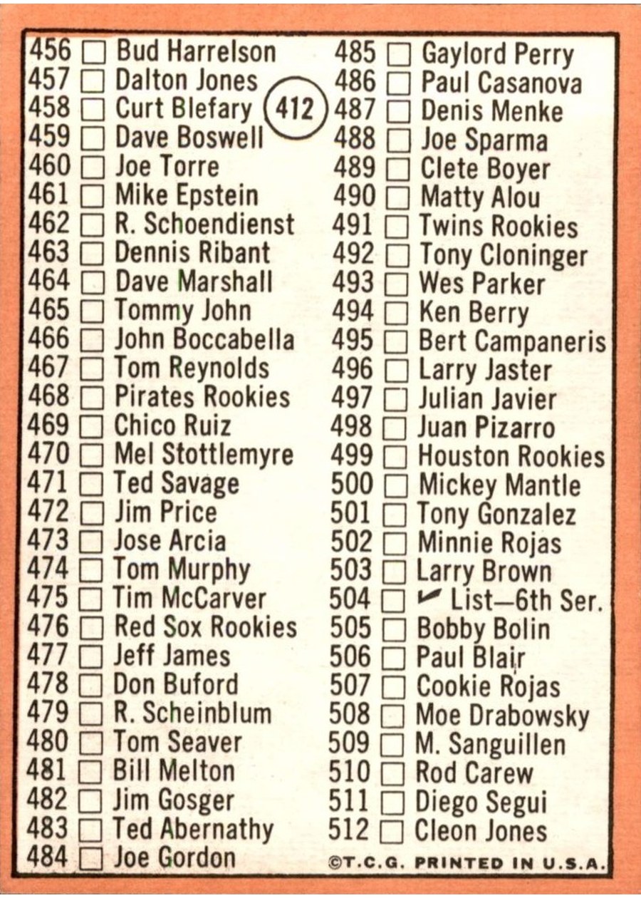 1969 Topps #412 5th Series Check List: 426-512 card back