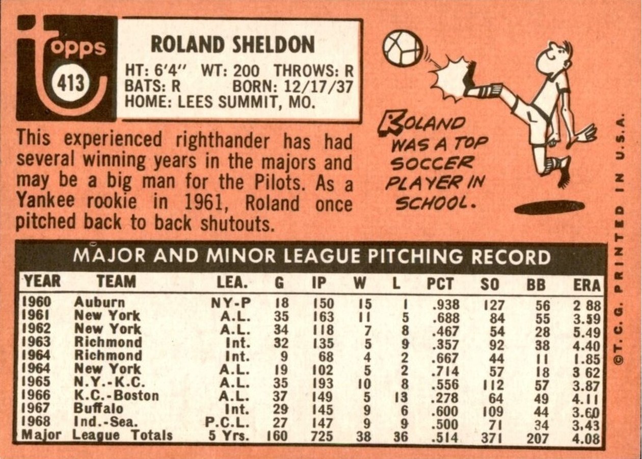1969 Topps #413 Roland Sheldon card back
