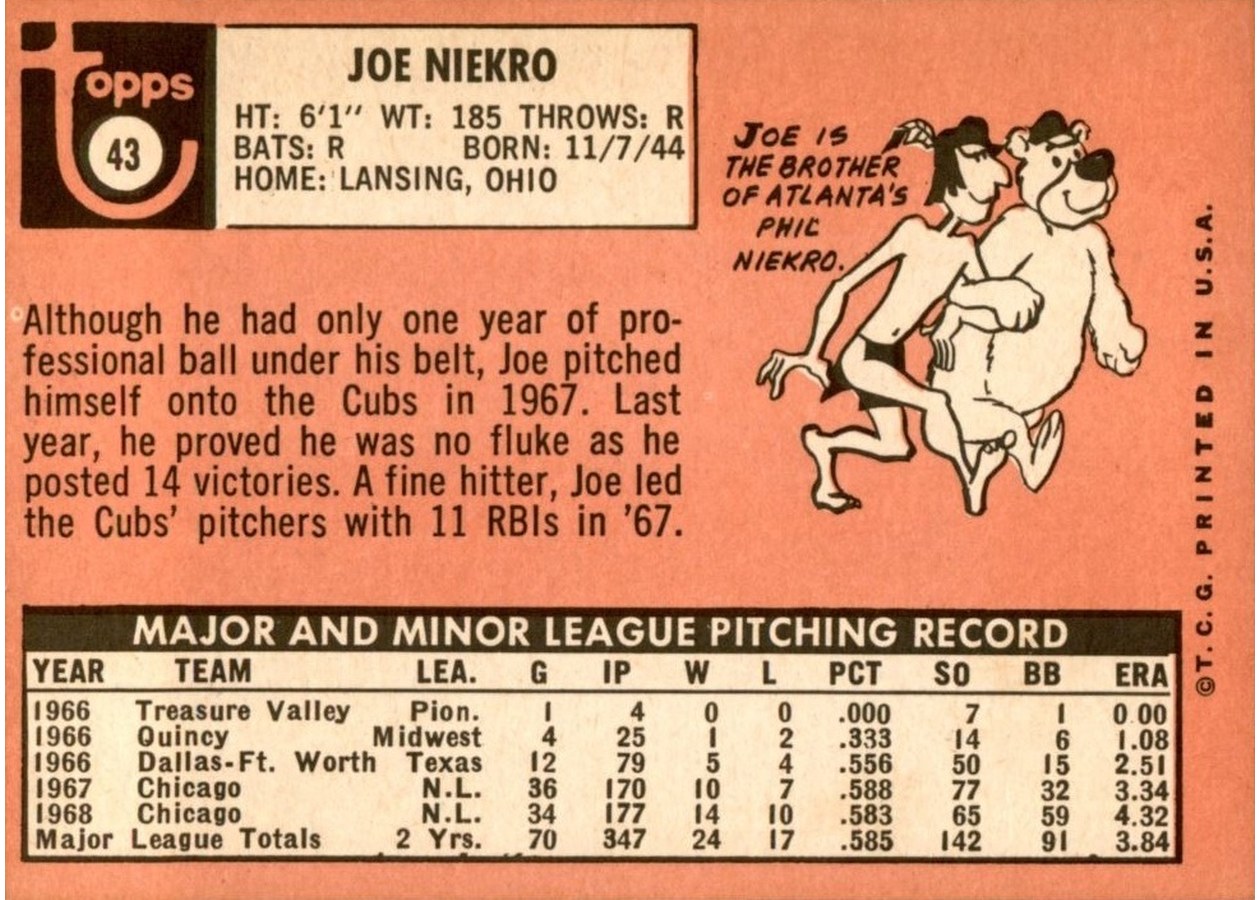 1969 Topps #43 Joe Niekro card back
