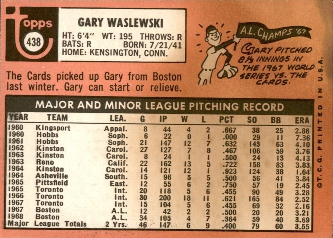1969 Topps #438 Gary Waslewski card back