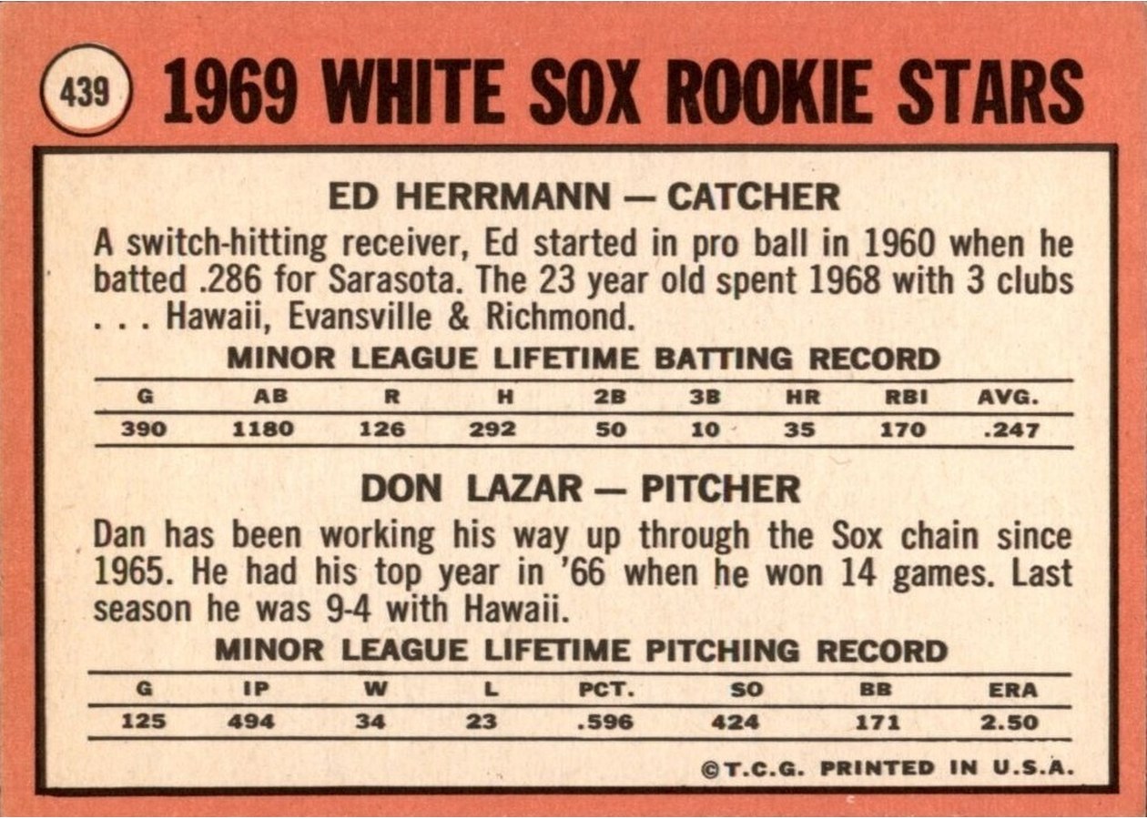1969 Topps #439 White Sox 1969 Rookie Stars card back