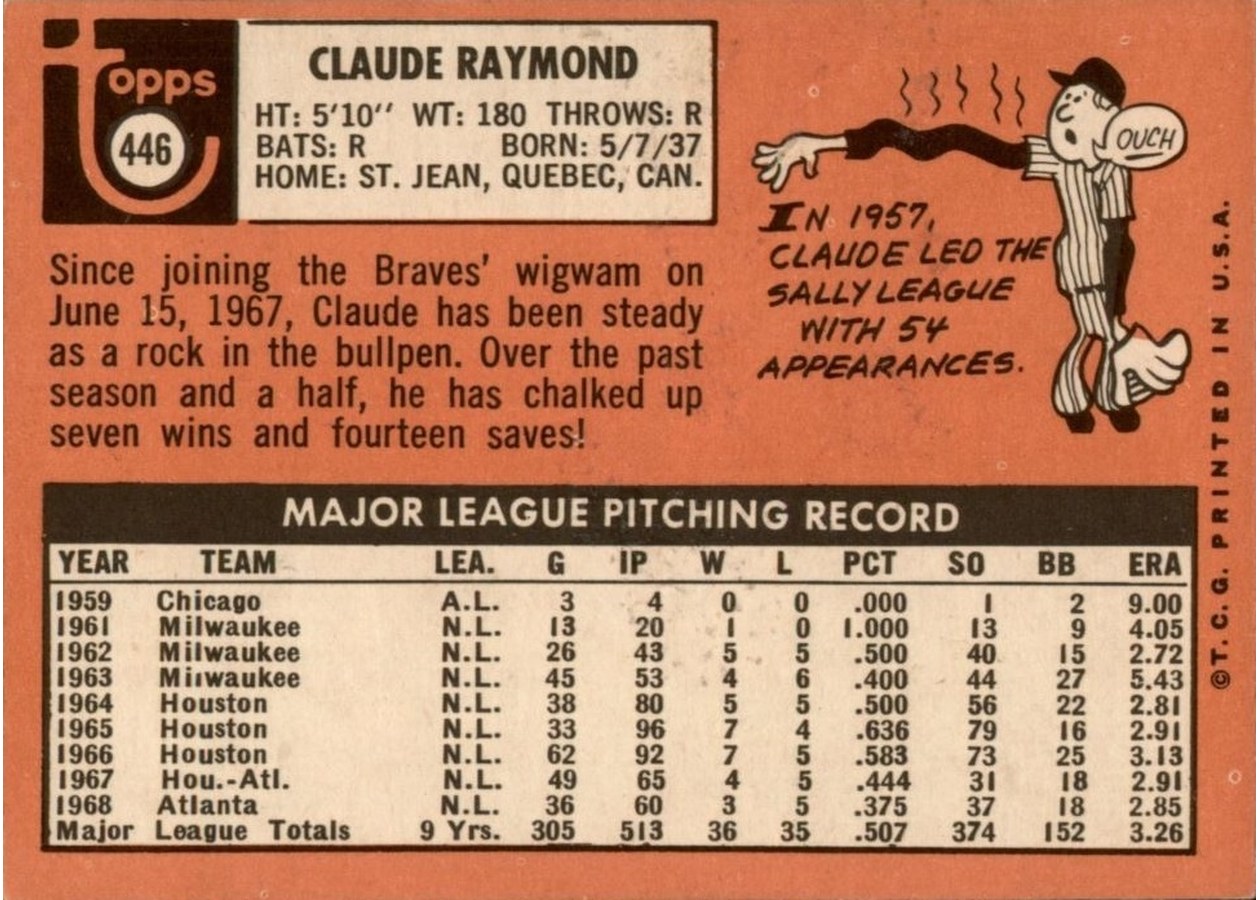 1969 Topps #446 Claude Raymond card back