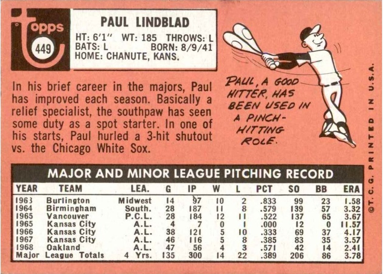 1969 Topps #449 Paul Lindblad card back