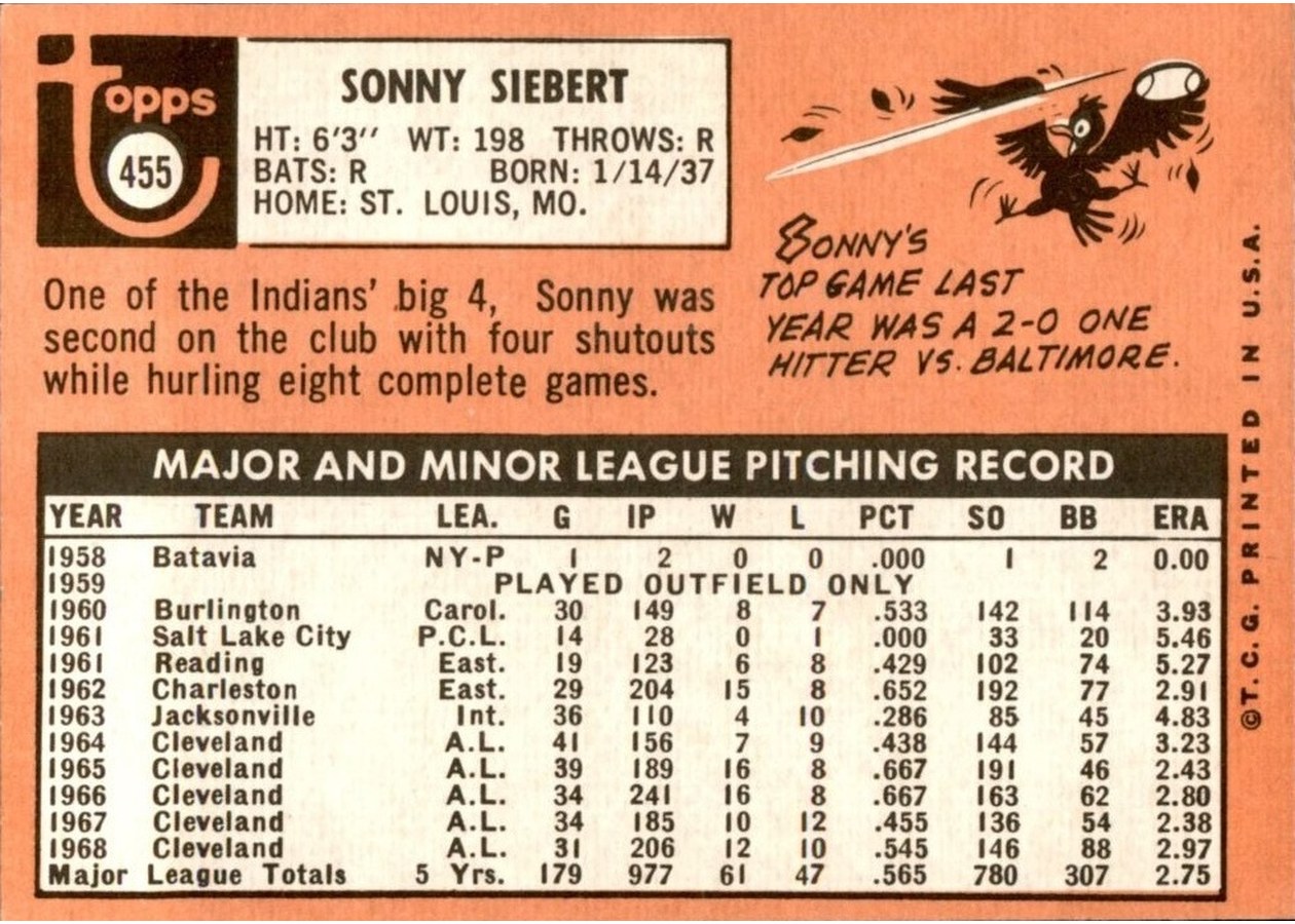 1969 Topps #455 Sonny Siebert card back