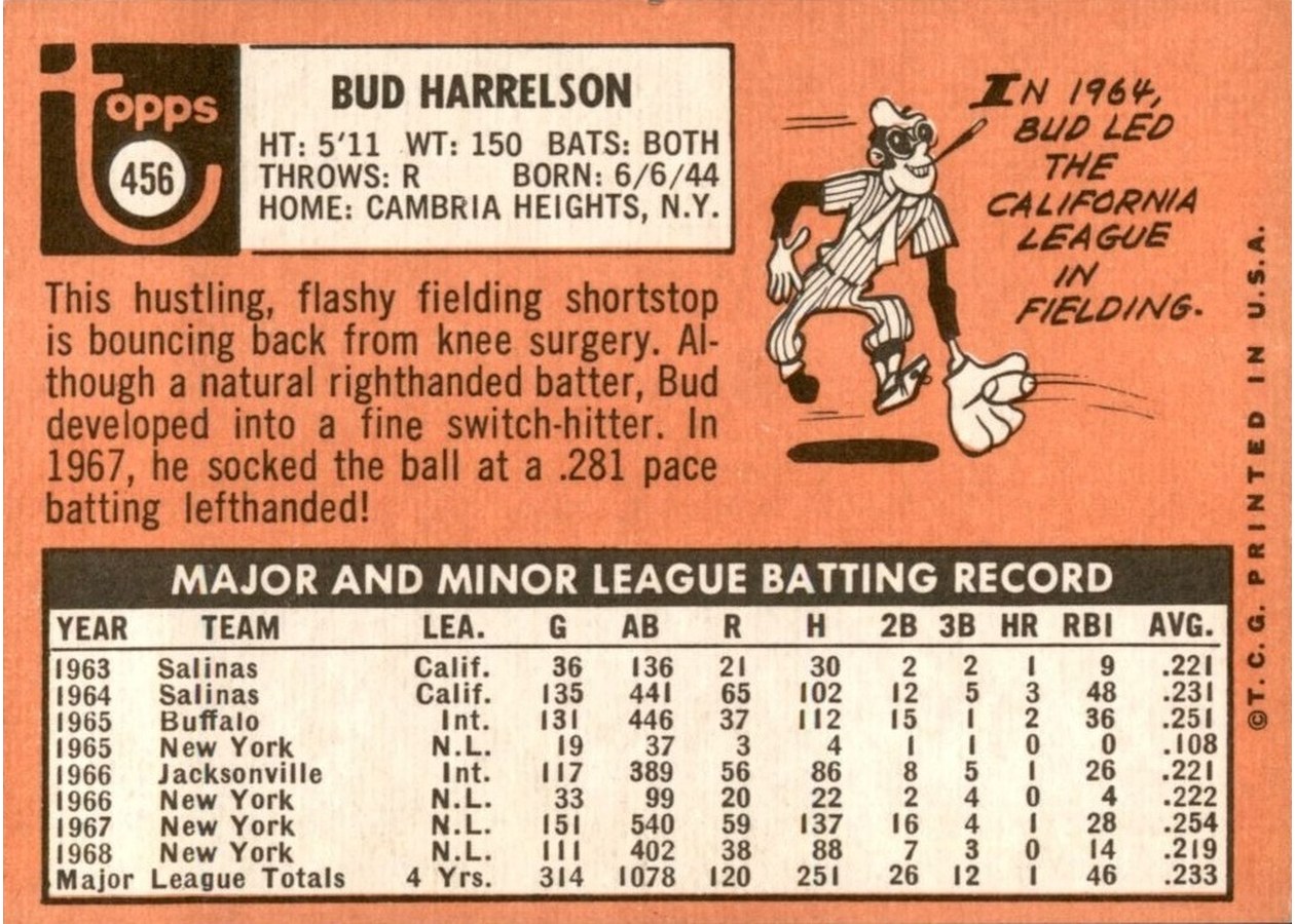 1969 Topps #456 Bud Harrelson card back