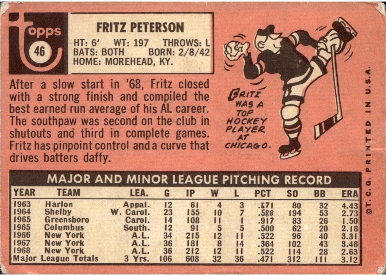 1969 Topps #46 Fritz Peterson card back