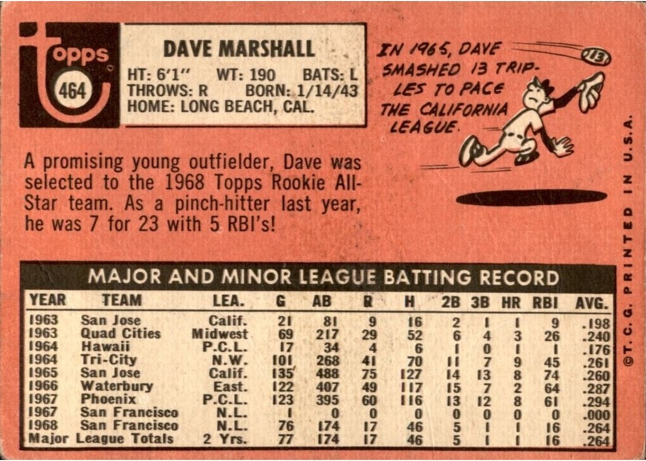 1969 Topps #464 Dave Marshall card back