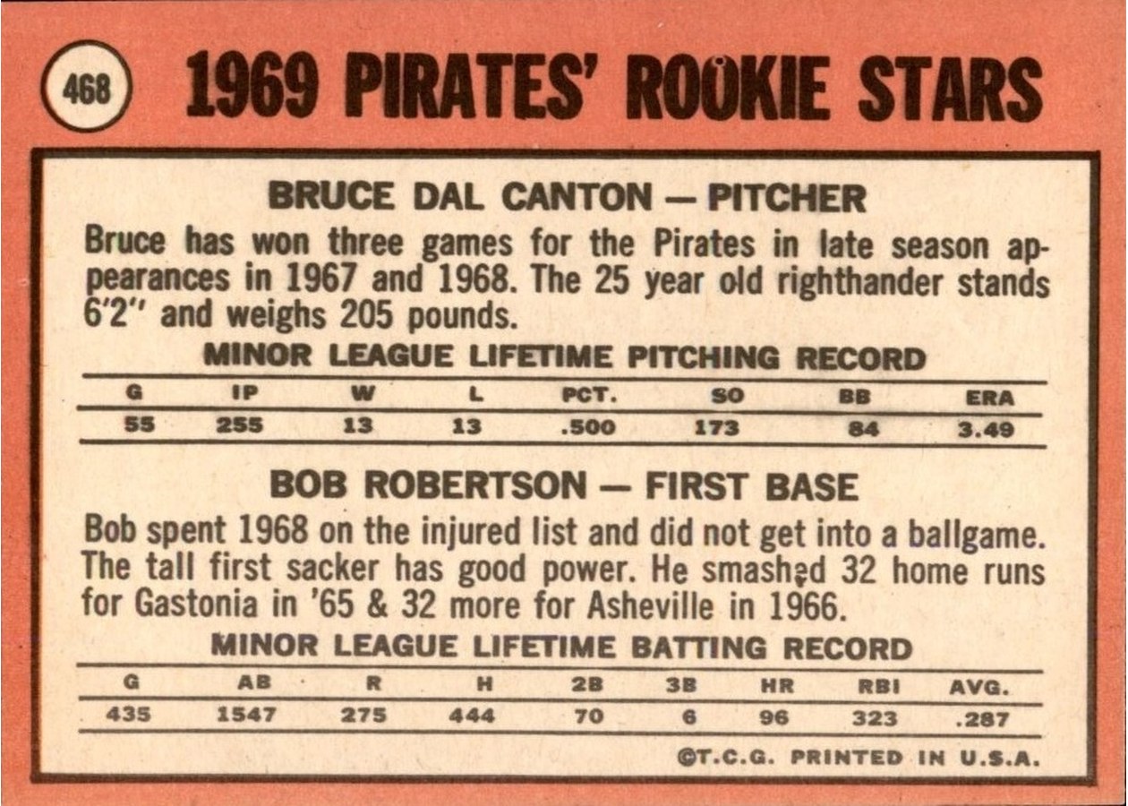 1969 Topps #468 Pirates 1969 Rookie Stars card back