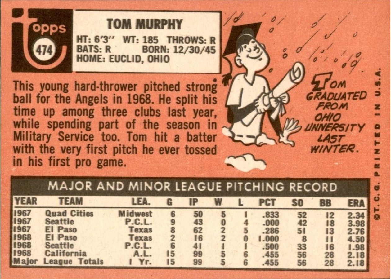 1969 Topps #474 Tom Murphy card back