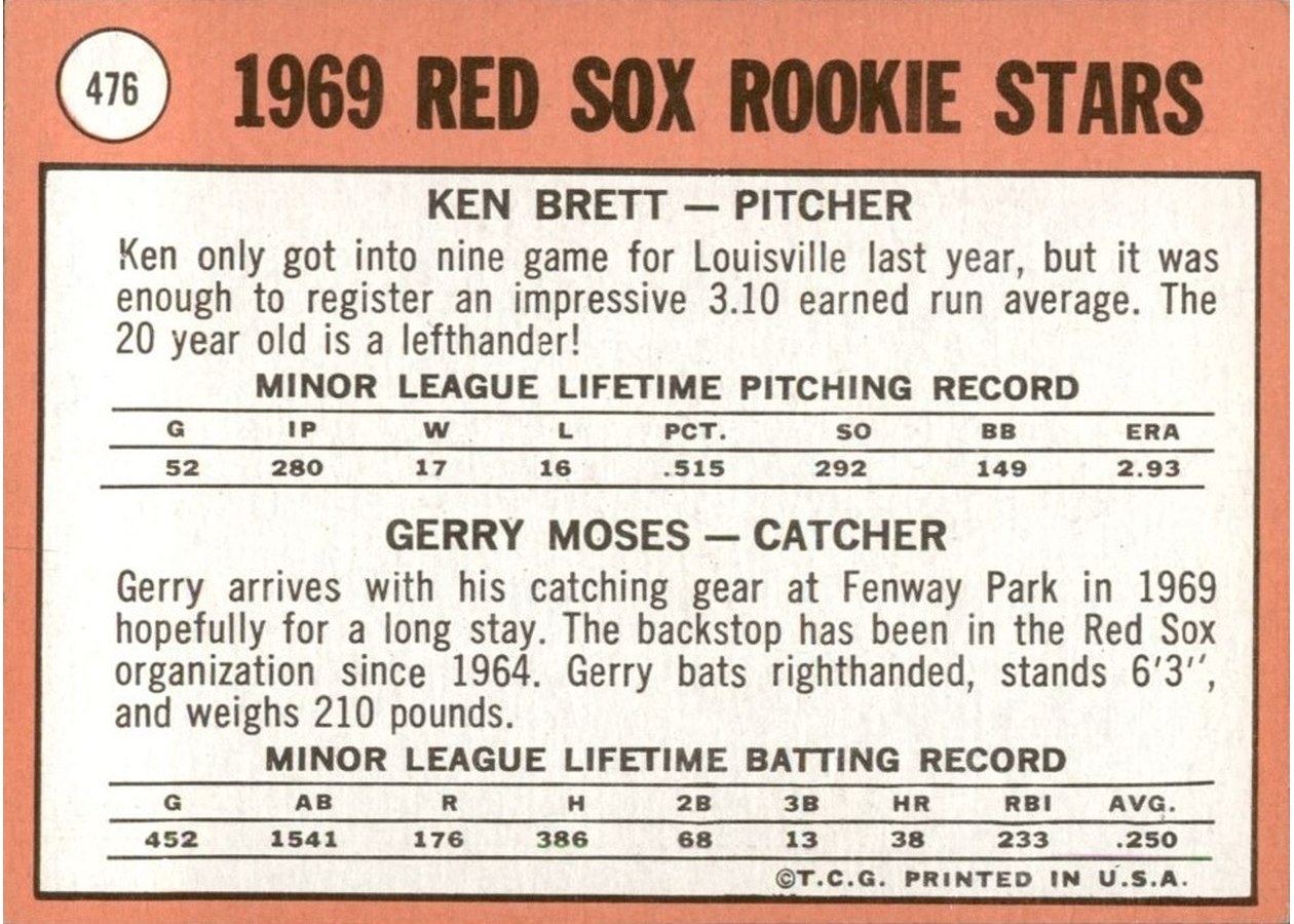 1969 Topps #476 Red Sox 1969 Rookie Stars card back