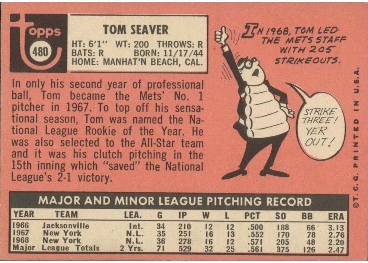 1969 Topps #480 Tom Seaver card back