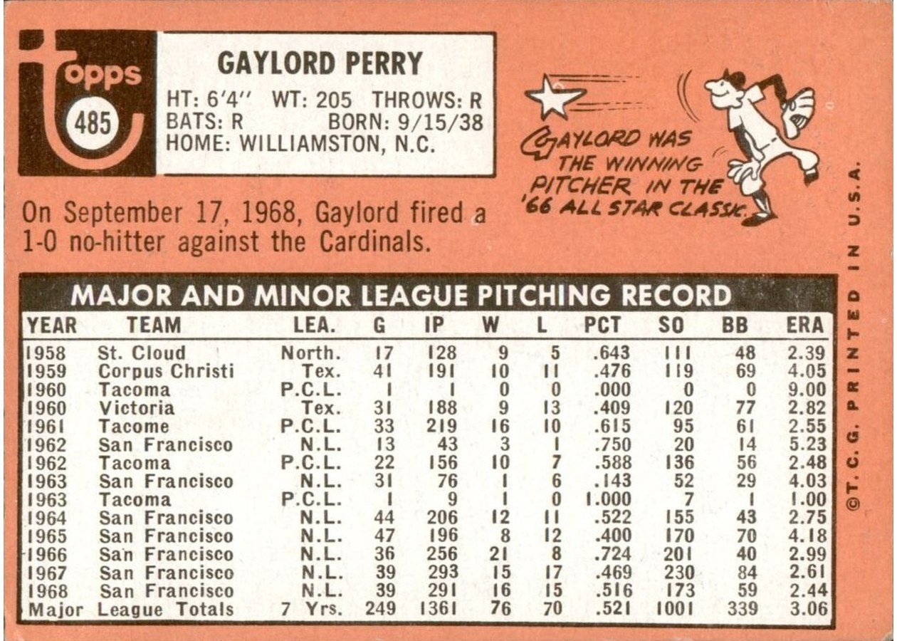 1969 Topps #485 Gaylord Perry card back