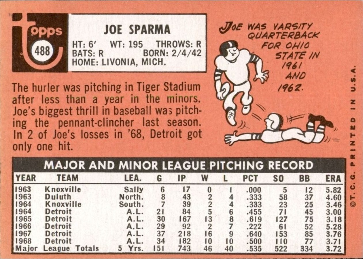 1969 Topps #488 Joe Sparma card back